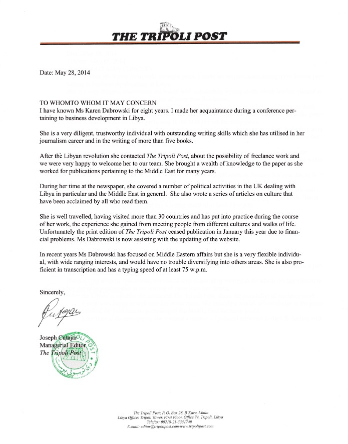 Tripoli Post reference letter